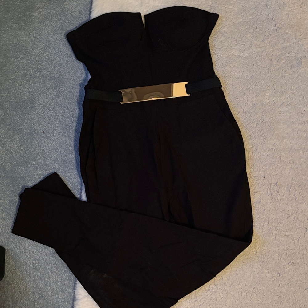 Material Girl Strapless Black Jumpsuit with Gold Accent Belt